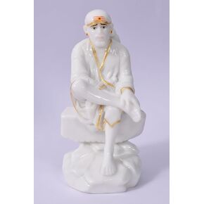 Sai Baba Statue Marble Dust Murti for Home Pooja & Car Dashboard | Sai Baba Idol Handmade Finishing Sitting on Stone (4 Inch)