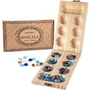 AMEROUS Wooden Mancala Board Game Set - Upgraded Larger Size - 72+8 Bonus Multi Color Glass Stones - Folding Board - Gift Package -Instructions, Portable Board Game for Adults, Kids