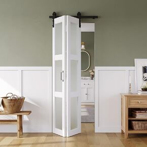 SMARTSTANDARD 60in x 84in Bifold Barn Door, Frosted Glass Barn Door with Hardware Kit Included, Pre-Drilled Holes Easy Assembly -Solid Barn Door Slab Covered with Water-Proof PVC Surface, White