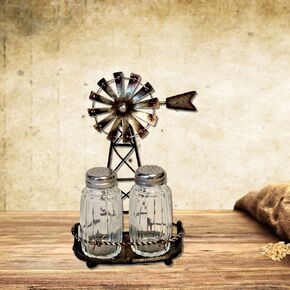 Rustic Galvanized Metal Windmill Salt and Pepper Shaker Set for Farmhouse Kitchen Décor