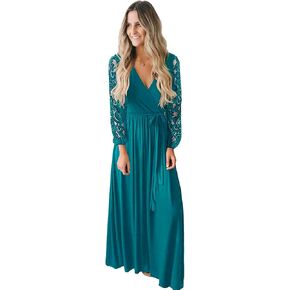 Kranda Womens Vintage Floral Lace Long Sleeve Faux Wrap V Neck Party Long Maxi Dress in Kuwait