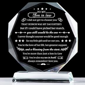 Movdyka Son in Law Gifts from Mother Father in Law, Best Birthday Gifts for Son in Law, Crystal Plaque Keepsake, Mother's Day Father's Day Anniversary to My Favorite Son in Law