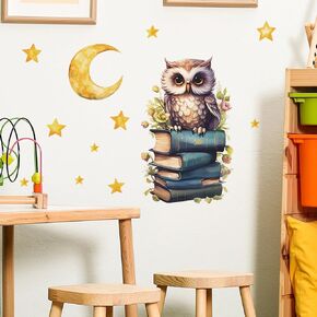 Cute Owl Books Moon Stars Educational Wall Stickers, sacinora Reading Corner Cartoon Animal Wall Decals Removable Vinyl Peel and Stick for Kids Baby Study Room Classroom Nursery Bedroom Art Decoration
