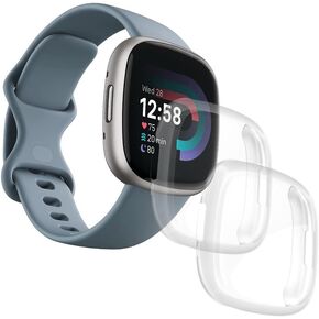 [2 Pcs] Case for Fitbit Versa 4 / Sense 2 Screen Protector Full Coverage Protective Bumper Soft TPU Cover Accessories - [Clear+Clear]