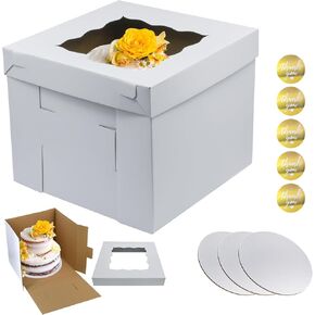 Set of 3 Tall Cake Boxes,Large Tiered 12x12x12 Inch with Window and Cake Boards,Disposable Cake Containers Cake Safe Transport Boxes for Wedding Birthday