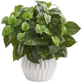 Nearly Natural 16in. Pothos Artificial Plant in White Ceramic Vase
