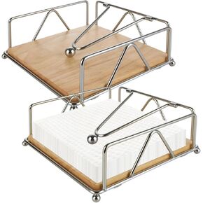 2 Pack Silver Napkin Holder for Table, Flat Napkin Holder with Weighted Arm & Wooden Base, Wood Napkin Holder for Kitchen Countertop Dining Table Restaurant Farmhouse