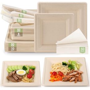Compostable Party Paper Plates Set -[300 Pcs] 10 inch&8 inch Square Brown Paper Plates Heavy Duty, Utensils and Napkins - Eco Friendly Disposable Plates for Party