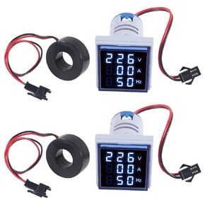 2PCS Current Voltage Hertz Meters, Digital 3in1 22mm Voltmeter Ammeter Hz Meter AC 60-500V 0-100A 20-75Hz Current Frequency Indicator LED Digital Voltage Amp Tester with CT (Blue)