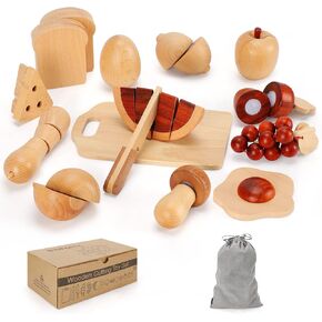 WHOHOLL Wooden Toys Oven Playset, Pretend Play Kitchen Accessories Toy Kitchen Set with Grilled Chicken, Cut Play Food, Hamburger Stacking Toys - Christmas Birthday Gifts for 3-12 Year Old Girls Boy