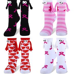 4 Pairs Breast Cancer Awareness Socks Novelty Funny Cancer Socks Breast Cancer Awareness Gifts Cancer Holding Hands Socks Pink Ribbon Magnetic Hand in Hand Socks for Cancer Chemo Survivors Women Gifts