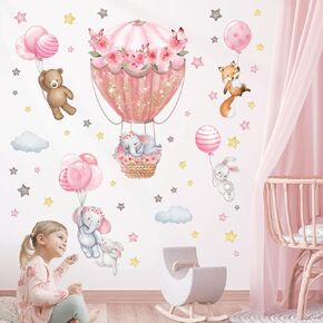 DECOWALL SG2-2408 Animal, Hot air balloon, Balloons Wall Stickers Decals Flowers Elephant Bear Baby Nursery Bedroom Girls Toddler Pink Room Home Décor Decorations kids Fox Rabbit Peel and Stick