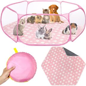 VitalCozy Hamster Playpen with Mat Small Animal C&C Cage Tent Breathable Transparent Guinea Pig Playpen Waterproof Portable Yard Fence Mat Foldable Exercise Playpen Outdoor Indoor for Rabbit Hamster