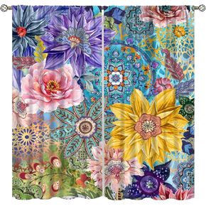 Boho Vintage Floral Curtains Colorful Flowers Bohemian Decor for Bedroom Living Room Window Drapes, 84" x84 Blackout