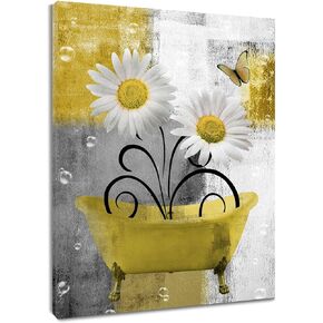 HVEST Farmhouse Orange Floral Wall Art for Living Room Daisy Flower in Bathtub and Butterfly Pictures Wall Decor Grey and White Abstract Geometric Canvas Wall Art for Bathroom Decor,16L X 12W inches