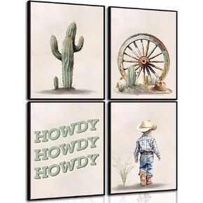 ZLYARTMP 4Pcs Western Cowboy Nursery Wall Art Cactus Desert Posters Pictures Howdy Beige Paintings Cowboy Kid Canvas Prints for Baby Boy Room Decor and Children Wall Decor Unframed
