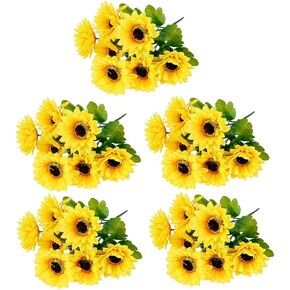 5Pcs Artificial Sunflower Bouquets Total 35Heads Silk Sunflowers for Wedding Bridal Bouquet Home Decor Baby Shower Housewarming Gift Centerpieces Shooting Prop(Yellow)