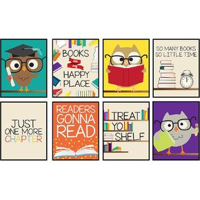 Silly Goose Gifts Books Are My Happy Place - Bright Wall Art Poster Prints - Reading Owl Quote Set for Home, Bedroom, Library, Classroom - Darling Themed Picture Hanging Art Decor - Set of 8 - Made in USA