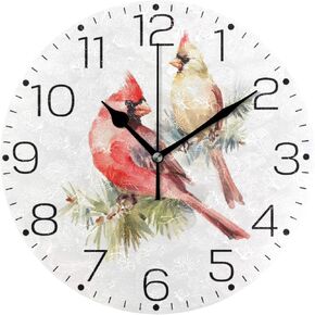 Watercolor Cardinal Bird Couple On Branch Wall Clock Fashion Frameless Decorative Clock for Kitchen Bedroom Living Room Classroom Home Decor - Round Shape