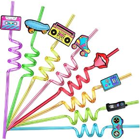 24 90s Party Favors 1990's Retro Element Straws Drinking Straws for Back to The 90s Party Decorations Supplies with 2 PCS Straws Cleaning Brush