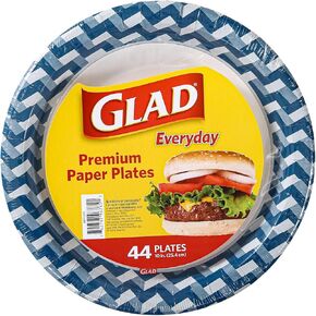 أطباق ورقية للاستعمال مرة واحدة من Glad بتصميم منسوج أزرق مقاس 10 بوصات | ألواح ورقية مقاومة للنقع والقطع وقابلة للاستخدام في الميكروويف، أطباق شديدة التحمل للاستخدام اليومي | 10 بوصات، 44 قطعة