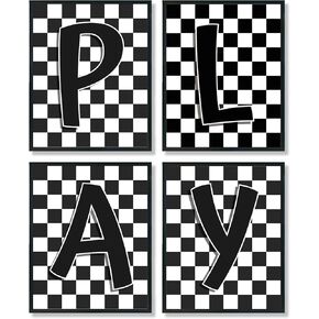 ULEGIE Checkered Playroom Wall Art Decor Set of 4, Black and White Playroom Wall Decor, Kids Playroom Decor, Play Sign Prints for Toddler Playroom Kids Room Nursery Wall, 8x10 Inch Unframed