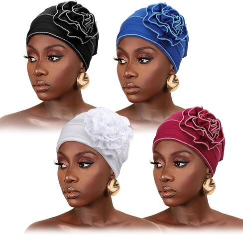 DRESHOW Turban Headwear for Women Flower Caps Chemo Cap for Cancer Patient African Hair Cover Beanie Headwraps Hair Loss Hat in Saudi Arabia