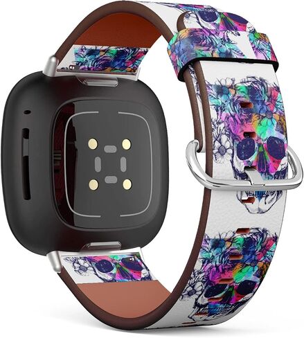 متوافق مع Fitbit Versa 3، Versa 4 / Fitbit Sense، Sense 2، سوار ساعة جلدي بديل منقوش، ملحق سوار المعصم - إكليل زهرة الجمجمة البشرية in Saudi Arabia