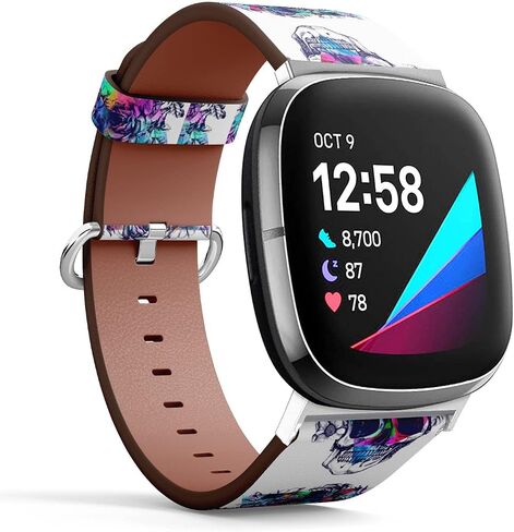 متوافق مع Fitbit Versa 3، Versa 4 / Fitbit Sense، Sense 2، سوار ساعة جلدي بديل منقوش، ملحق سوار المعصم - إكليل زهرة الجمجمة البشرية in Saudi Arabia