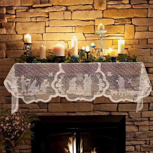 Tegeme عيد الميلاد الموقد وشاح الدانتيل الأبيض يسوع إكليل الديكور عيد الميلاد الدانتيل الأبيض يسوع إكليل وشاح الموقد القماش داخلي زينة عيد الميلاد لغرفة المعيشة المنزلية، 20 × 90 بوصة in Kuwait