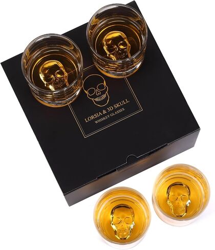 Hand Blown Crystal Skull Whiskey Glasses, Set of 2 Bourbon Glasses In Gift Box - 10 Oz Old Fashioned Glasses for Scotch, Cocktail, Rum - Perfect Gifts for Halloween, Christmas, Thanksgiving for Men in Saudi Arabia