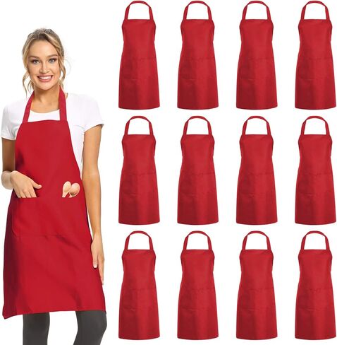 DUSKCOVE 12 Pack Plain Bib Aprons with 2 Pockets - Black Unisex Commercial Apron Bulk for Kitchen Cooking Restaurant BBQ Painting Crafting in Kuwait