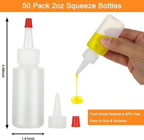 Acrux7 50 Pack 2oz Plastic Condiment Squeeze Bottles Mini Sauce Squeeze Bottle with Red Tip Caps, Small Refillable Applicator Bottles for Sauces, Ketchup, Oils, Inks, Painting, Crafts in Saudi Arabia