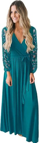 Kranda Womens Vintage Floral Lace Long Sleeve Faux Wrap V Neck Party Long Maxi Dress in Kuwait