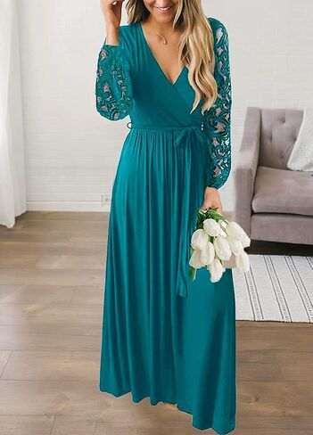 Kranda Womens Vintage Floral Lace Long Sleeve Faux Wrap V Neck Party Long Maxi Dress in Kuwait
