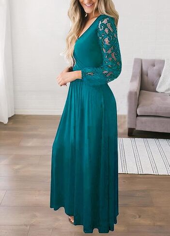 Kranda Womens Vintage Floral Lace Long Sleeve Faux Wrap V Neck Party Long Maxi Dress in Kuwait