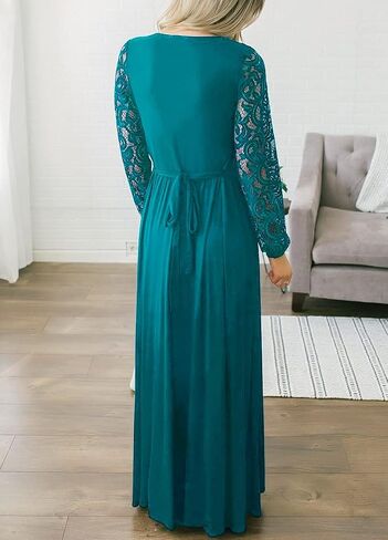 Kranda Womens Vintage Floral Lace Long Sleeve Faux Wrap V Neck Party Long Maxi Dress in Kuwait