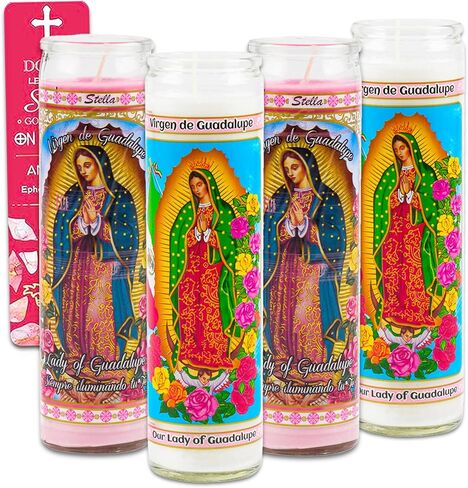 مجموعة من 4 شموع تعبدية من Our Lady of Guadalupe - حزمة مع 4 شموع صلاة زجاجية من Lady of Guadalupe للوقفات الاحتجاجية والصلاة والبركة والاحتفالات الدينية، بالإضافة إلى إشارة مرجعية | الشموع الدينية غير المعطرة in Kuwait
