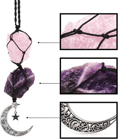 Handmade Hanging Ornaments Car Rear View Mirrors Decorative Hanging Ornaments Room Decoration CHIVOLONA Pure Natural Energy Crystal Ornament with Moon Star Decoration for Health(Rose Quartz+Amethyst) in Saudi Arabia