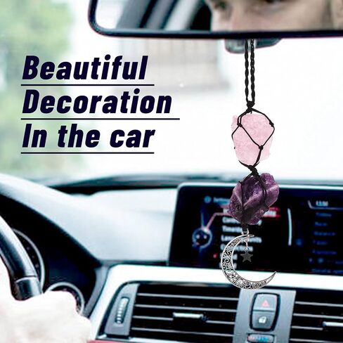 Handmade Hanging Ornaments Car Rear View Mirrors Decorative Hanging Ornaments Room Decoration CHIVOLONA Pure Natural Energy Crystal Ornament with Moon Star Decoration for Health(Rose Quartz+Amethyst) in Saudi Arabia