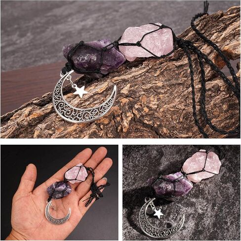 Handmade Hanging Ornaments Car Rear View Mirrors Decorative Hanging Ornaments Room Decoration CHIVOLONA Pure Natural Energy Crystal Ornament with Moon Star Decoration for Health(Rose Quartz+Amethyst) in Saudi Arabia