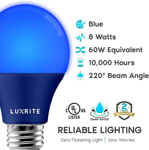 LUXRITE A19 LED Blue Light Bulb, 60W Equivalent, Non-Dimmable, UL Listed, E26 Standard Base, Indoor Outdoor, Porch, Christmas, Decoration, Party, Holiday, Event, Home Lighting (2 Pack) in Saudi Arabia