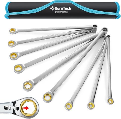 DURATECH Extra Long Anti-Slip Ratcheting Wrench Set, Double Box End Wrench Set, 9-Piece, Metric, 10, 12, 13, 14, 15, 16, 17, 18, 19mm, CR-V Steel, with Rolling Pouch in Saudi Arabia