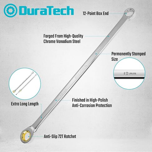 DURATECH Extra Long Anti-Slip Ratcheting Wrench Set, Double Box End Wrench Set, 9-Piece, Metric, 10, 12, 13, 14, 15, 16, 17, 18, 19mm, CR-V Steel, with Rolling Pouch in Saudi Arabia