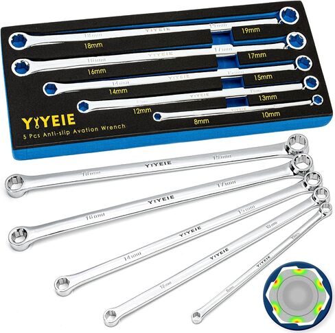 5-Piece Extra Long Box End Wrench Set, Metric 8mm-19mm, 6 Point Extended Bolt Extractor Wrench, CR-V Labor-Saving Aviation Spanner with EVA Foam in Saudi Arabia