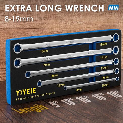 5-Piece Extra Long Box End Wrench Set, Metric 8mm-19mm, 6 Point Extended Bolt Extractor Wrench, CR-V Labor-Saving Aviation Spanner with EVA Foam in Saudi Arabia