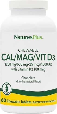 NaturesPlus Cal/Mag/VIT D3 مع فيتامين K2-60 أقراص قابلة للمضغ - نكهة الشوكولاتة - الكالسيوم والمغنيسيوم وفيتامين D3 وK2 مكمل لدعم صحة العظام - 30 وجبة in Saudi Arabia