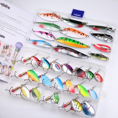 EXAURAFELIS 10/30pcs Fishing Lure Spinnerbait with Feathered Treble Hooks Rooster Tail Fishing Lures Spoon Lures for Bass Salmon Trout Spinner Baits with Tackle Box in Kuwait