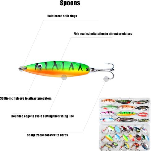 EXAURAFELIS 10/30pcs Fishing Lure Spinnerbait with Feathered Treble Hooks Rooster Tail Fishing Lures Spoon Lures for Bass Salmon Trout Spinner Baits with Tackle Box in Kuwait