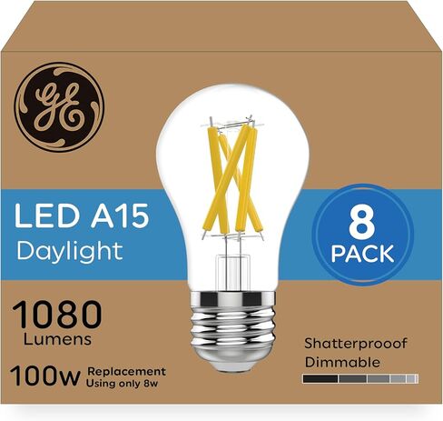 مصابيح إضاءة LED فائقة السطوع من GE، ما يعادل 100 واط، ضوء النهار، مروحة سقف شفافة A15 (8 عبوات) in Kuwait